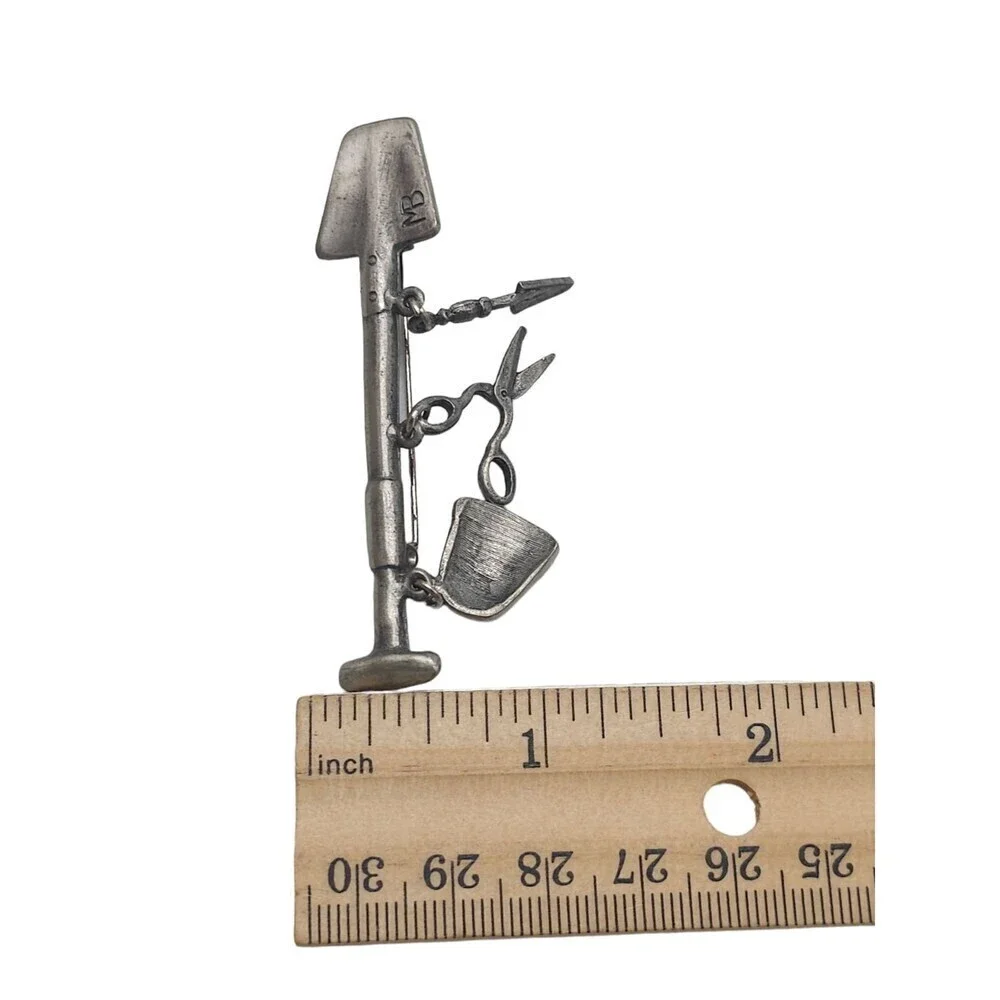 Marjolein Bastin Garden Shovel Tools Pewter Brooch Pin Silver Tone Vintage